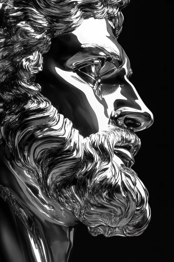 A close-up shot of a silver sculpture of a man's face. The sculpture is highly detailed, with intricate lines and textures that create a sense of realism. The man's face is turned to the side, and his gaze is directed towards the right. His hair is long and flowing, and his beard is thick and full. The silver finish of the sculpture creates a sense of elegance and sophistication. The dark background provides a striking contrast to the bright, metallic sheen of the sculpture.  The image is composed in a way that emphasizes the beauty and detail of the sculpture.
