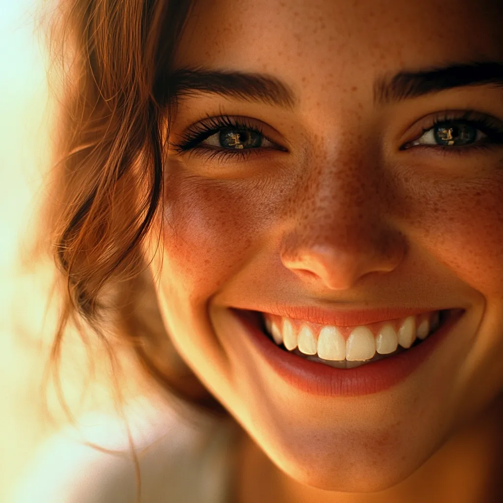 The image shows a close-up of a woman's face. She has long brown hair, freckles, and is smiling brightly, revealing her white teeth. The background is blurred, focusing attention on her face. The overall feeling of the image is positive and joyful.