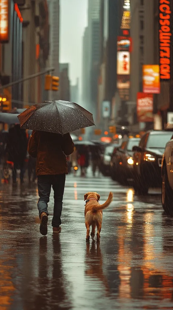 A person walks down a rainy city street with their dog. They are holding a black umbrella over their head to shield them from the rain. The city is bustling with people, cars, and traffic, but the person and their dog are the focus of the image. The wet pavement reflects the lights of the city, creating a sense of moodiness and urbanity.  The image captures a moment of quiet contemplation in the midst of a busy city.