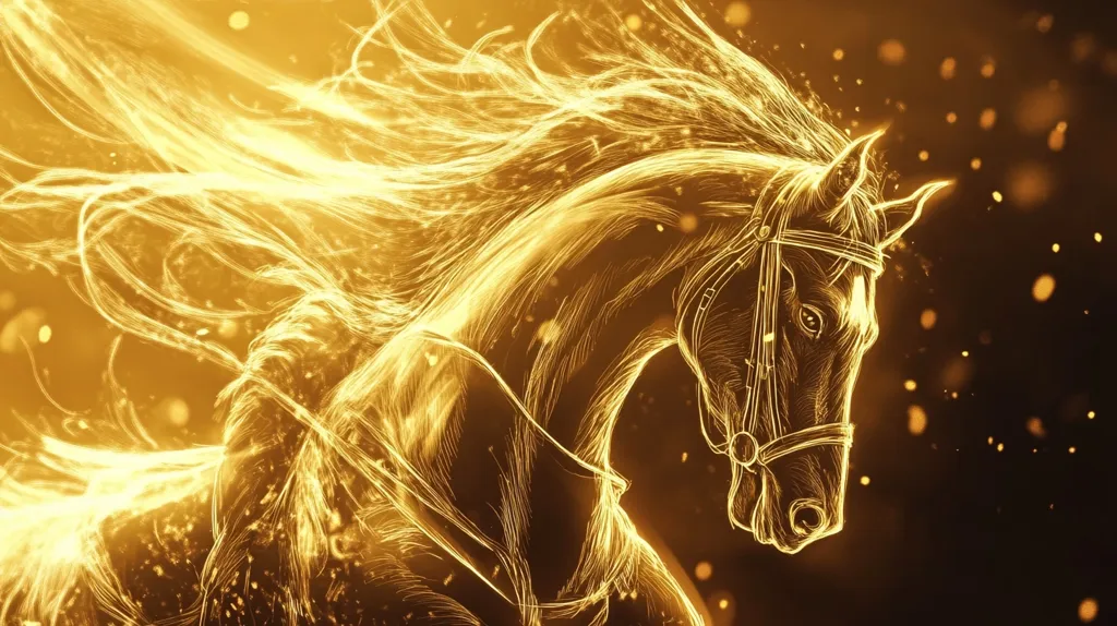 The image is of a horse drawn in gold, with a golden mane and tail. The horse is against a dark background with golden sparks. The image has a mystical and magical feel. The horse's head is turned to the side, and its eye is visible. The horse is wearing a bridle. The image could be a representation of the power and beauty of horses.