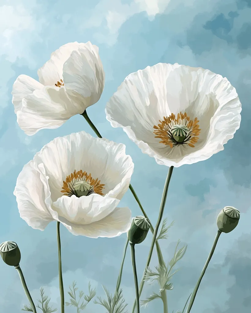 The image features three white poppies with yellow centers against a light blue sky with clouds. The poppies are in various stages of bloom, with one fully open and two partially open. The stems are green and slender, and the leaves are delicate and feathery. The overall mood of the image is serene and peaceful, with a sense of gentle beauty.