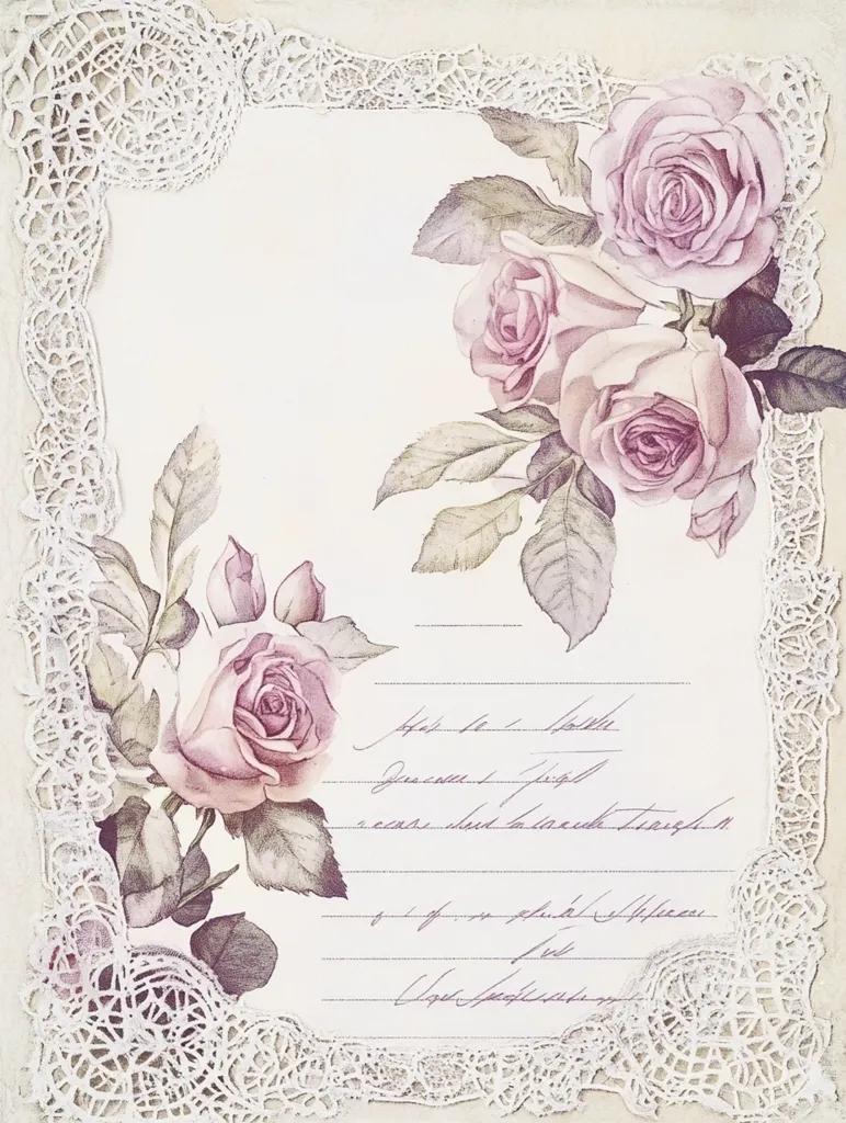 The image features a vintage-style design with delicate white lace bordering a cream-colored background. Three pink roses, drawn in a watercolor style, are the central focus, with leaves and stems extending from the bottom right corner. The background contains handwritten notes, adding a touch of intimacy and nostalgia. The overall composition evokes a sense of elegance and romance.