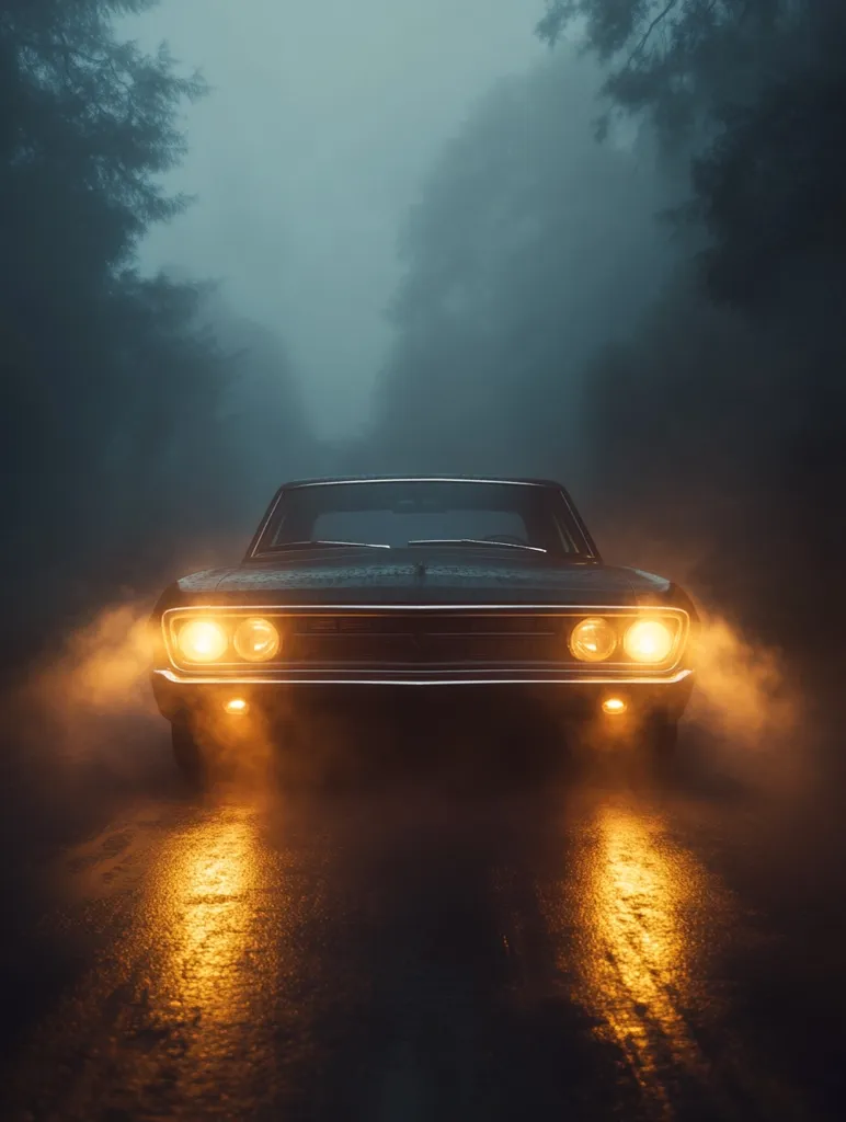 A vintage car drives through a misty forest road at night. Its headlights pierce the fog, illuminating the wet asphalt and creating a sense of mystery and intrigue. The surrounding trees are barely visible, their silhouettes blending into the ethereal haze. The image evokes a feeling of solitude and a journey through an unknown landscape.