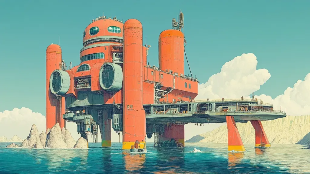 A large, futuristic, orange and grey structure with multiple levels and a circular platform stands on tall, slender legs in the ocean. It resembles a large, mechanical sea creature, with a rounded, dome-like head and large, circular windows. The structure is partially obscured by fluffy white clouds against a bright blue sky. A small boat is visible in the foreground, sailing away from the structure.  The image is stylistically reminiscent of a vintage illustration or poster, with a stylized and slightly surreal aesthetic.