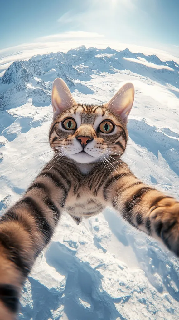 A tabby cat, with wide, curious eyes, is taking a selfie in front of a snowy mountain range. The cat's paws are outstretched towards the camera, giving a playful and humorous feel to the photo. The background is a vast expanse of white snow, adding a sense of scale and grandeur. The lighthearted image captures the whimsical nature of felines and their unexpected adventures.