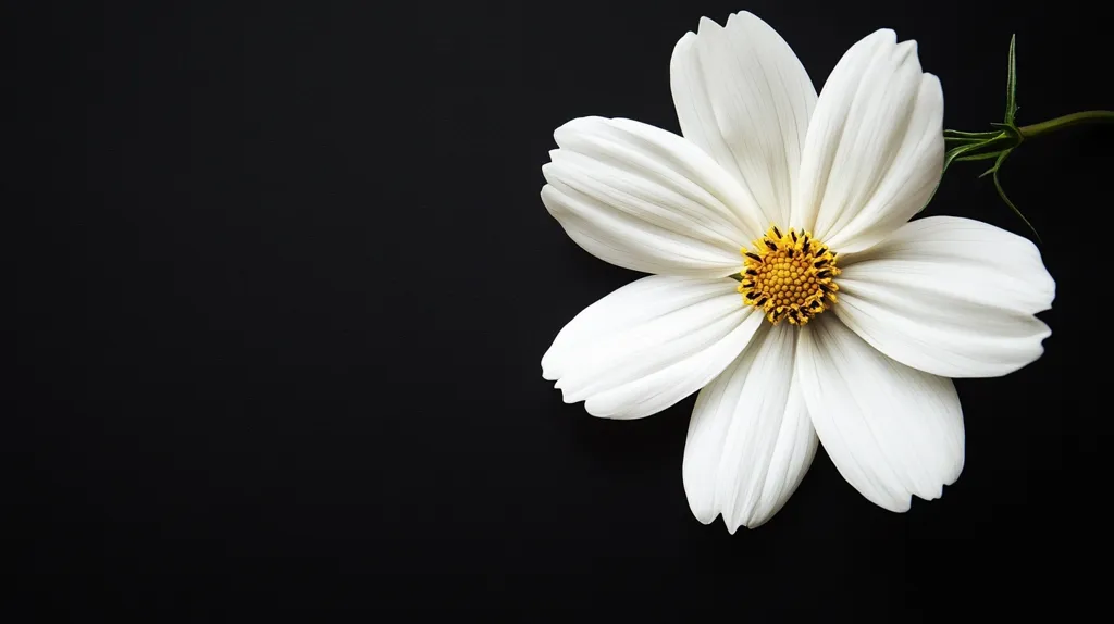 A single white cosmos flower with a yellow center rests against a black background. The delicate petals of the flower are open wide, showcasing its intricate details. The black background provides a stark contrast, highlighting the beauty of the flower and creating a minimalist and elegant composition.