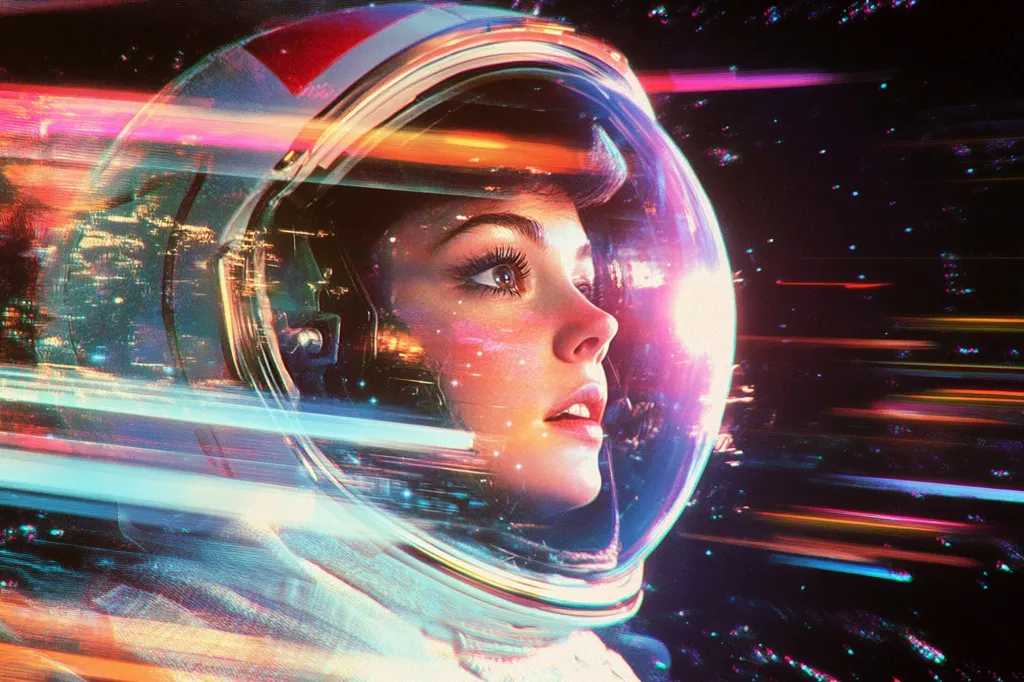A woman in an astronaut suit gazes out at a field of stars. The image is awash in vibrant hues of pink, blue, and yellow, created by light streaks that flash through the image. Her expression is wide-eyed and hopeful, hinting at the possibilities of space travel. The astronaut's helmet reflects the surrounding lights, creating a sense of depth and wonder. The image evokes feelings of awe and anticipation, capturing the dream of exploring the universe.
