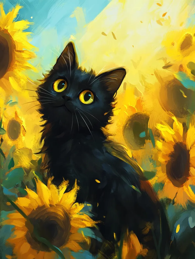 A black cat with bright yellow eyes sits in a field of yellow sunflowers. The cat's fur is glossy and its eyes are wide and alert. The sunflowers are in full bloom and their petals are a vibrant yellow. The background is a soft blue and yellow, creating a warm and inviting atmosphere. The image evokes a sense of peace and tranquility.