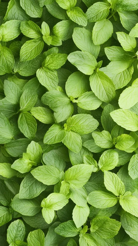 A close-up shot of lush, green mint leaves. The image is filled with the leaves, creating a textured and vibrant background. The leaves are arranged in a random pattern, with some overlapping others. The light shines on the leaves, highlighting their veins and texture.