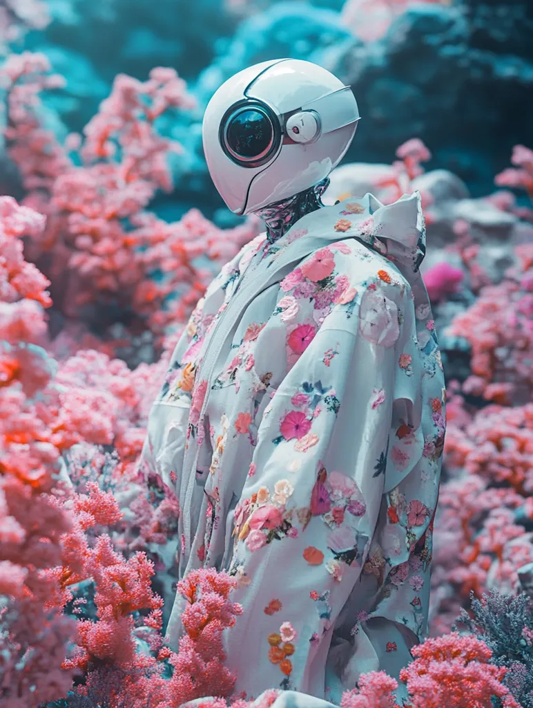 A robot with a white helmet and a floral-patterned jacket stands in a field of pink blossoms. The robot's head is tilted slightly, and its eyes are closed. The flowers around it are in various shades of pink, creating a soft and dreamy atmosphere. The scene is a whimsical blend of technology and nature, hinting at a futuristic and imaginative world.