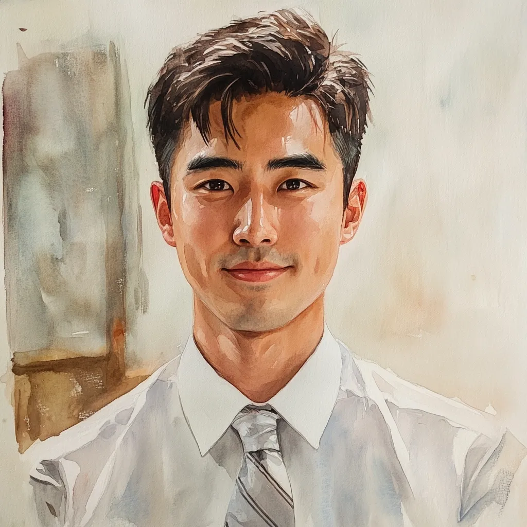 A watercolor painting of a man with short, dark hair. He is wearing a white dress shirt with a striped tie. He is looking directly at the viewer with a slight smile and his skin is lightly tanned. The background is a soft, muted white. The painting is done in a realistic style. The colors are soft and muted, creating a sense of calmness and serenity.