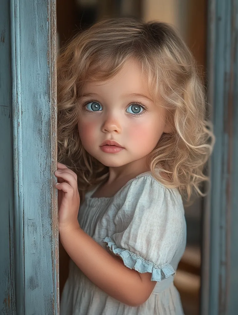 A young girl with long, blonde, curly hair is standing to the right of a light blue doorjamb, peeking around the edge. She is wearing a white dress with blue trim and has big, bright blue eyes. Her expression is thoughtful and her lips are slightly parted. The background is blurred, giving the image a soft focus.