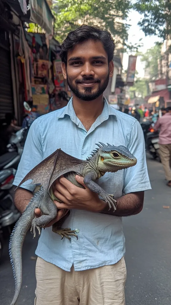 A young man with a beard is holding a lizard with wings in his arms. The lizard is  grey and green, with a long tail and a small head. The man is wearing a light blue shirt and khaki pants. He is standing on a paved street. The background is a blurred out city street scene.