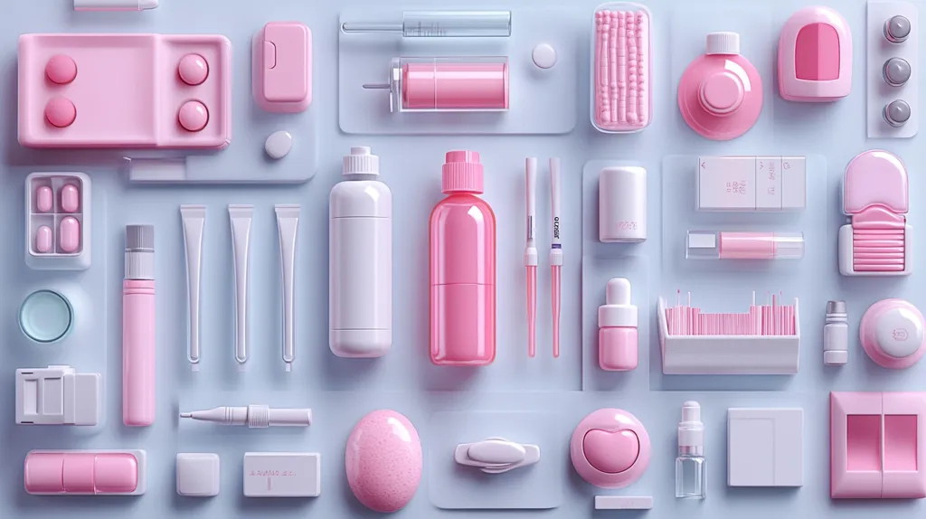 A flat lay of various pink and white beauty and hygiene products arranged in a grid pattern on a light blue background. The products include bottles, tubes, swabs, and other items. The image is minimalist and aesthetically pleasing, suggesting a focus on skincare and beauty routines.
