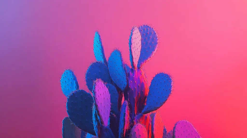 The image shows a close-up of a cactus plant with blue and purple pads against a pink and purple background. The cactus is lit in a vibrant, neon-like way, giving it a surreal and otherworldly appearance. The image evokes a sense of abstract beauty and contrasts the sharp, prickly nature of the cactus with the soft, gradient background.