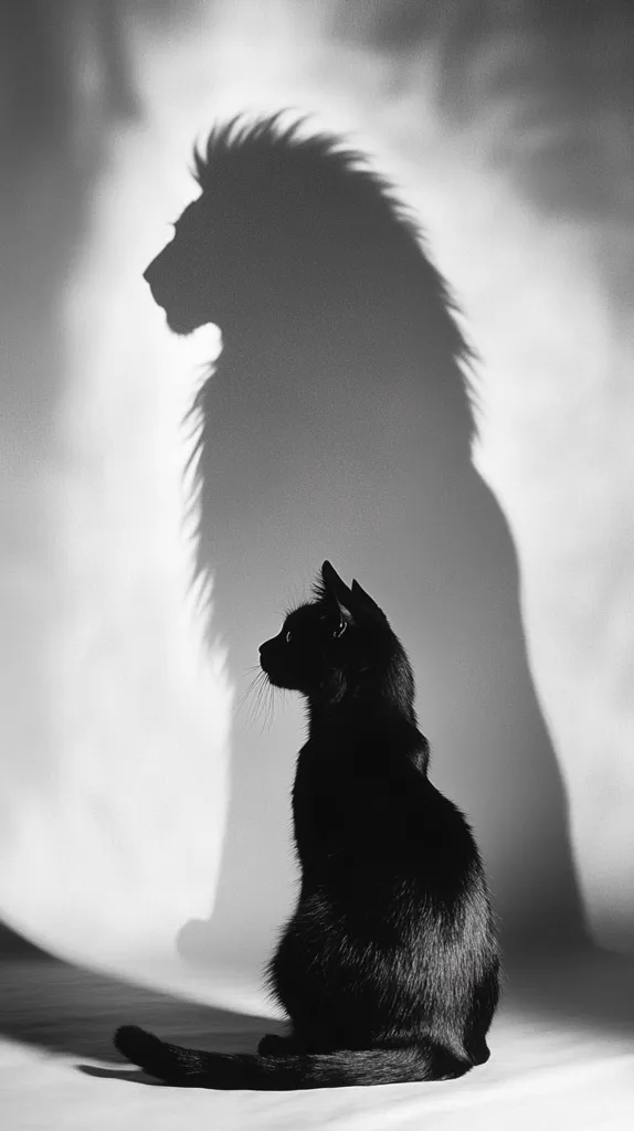 The image shows a black cat sitting with its tail curled around its body. Behind the cat, a shadow of a lion is projected onto a white wall. The contrast between the black cat and the white wall, as well as the majestic shadow of the lion, creates a striking visual effect. The image evokes a sense of mystery and power.