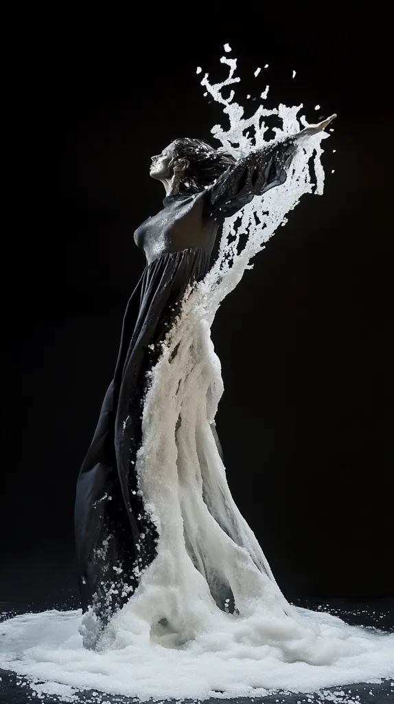 A black and white sculpture of a woman with her arms raised, seemingly emerging from a wave of white foam. The sculpture stands against a black background, emphasizing the contrast between the smooth, dark figure and the textured, light foam. The woman's face and form are stylized, creating a sense of mystery and movement.