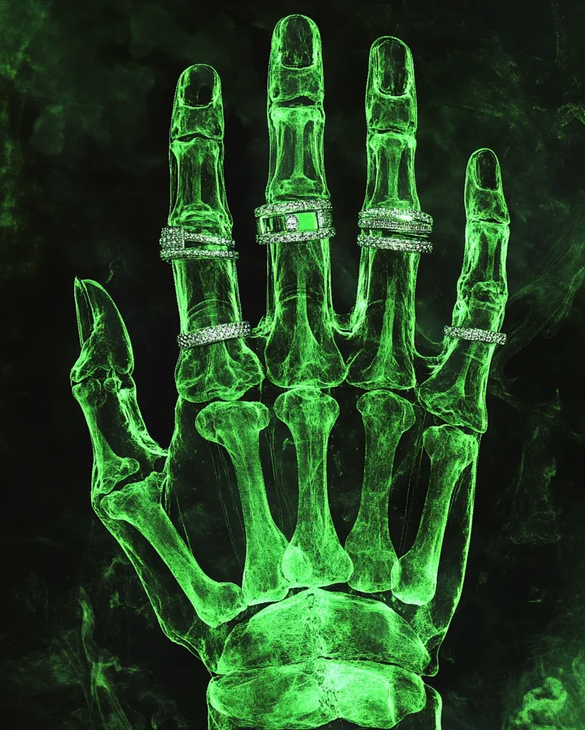 A skeletal hand, glowing green against a black background, adorned with several silver rings on each finger. The image is stylized, and the bones are rendered in a detailed, almost organic way. It is likely a digital illustration or a photo manipulation. The green glow and skeletal hand give the image a mysterious and eerie aesthetic.