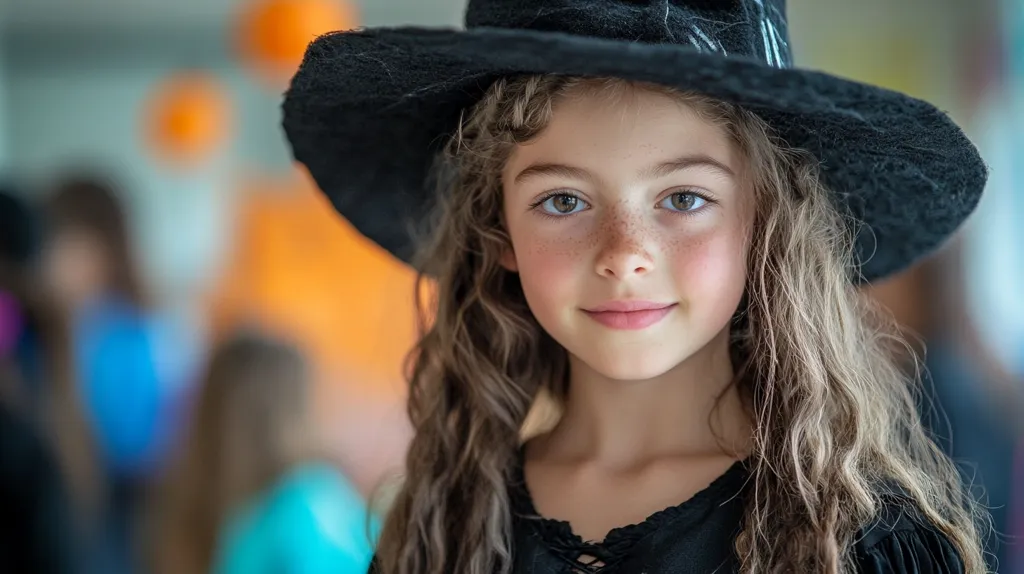 A young girl with long, wavy blonde hair, wearing a black witch hat, smiles softly at the camera. Her eyes are a captivating blue, and her cheeks are rosy. The background is blurred, with hints of orange and blue, creating a soft focus effect.  Her expression is innocent and playful, suggesting a sense of adventure and wonder.