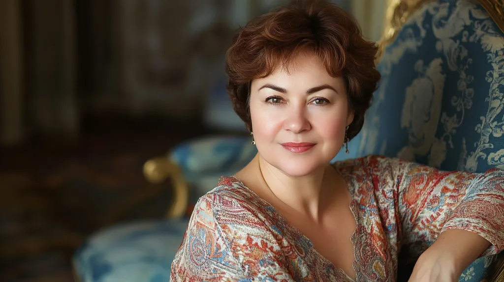 A woman with short, curly brown hair and a warm smile sits in a blue and gold armchair. She wears a patterned, long-sleeved top, her eyes are gentle, and she appears relaxed and content. The chair’s intricate fabric is visible in the background, adding a touch of elegance to the image. The woman’s posture and expression convey a sense of comfort and self-assurance.