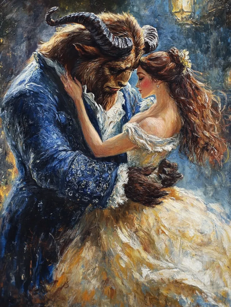 The painting depicts a romantic scene between Belle and the Beast from the Disney film "Beauty and the Beast." Belle is dressed in a yellow gown, and the Beast, with his fur and horns, is in a blue suit. They are close together, and Belle looks lovingly at the Beast. The painting is done in a painterly style, with loose brushstrokes and vibrant colors.  The background is a blurred and dark, creating a sense of intimacy. The image evokes a sense of romance, love, and transformation.