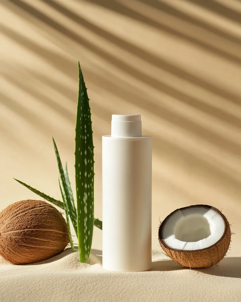 A white bottle of lotion sits in the sand next to a halved coconut and an aloe plant. The background is a soft, beige color with shadows from sunlight. The image evokes a sense of relaxation and natural beauty.