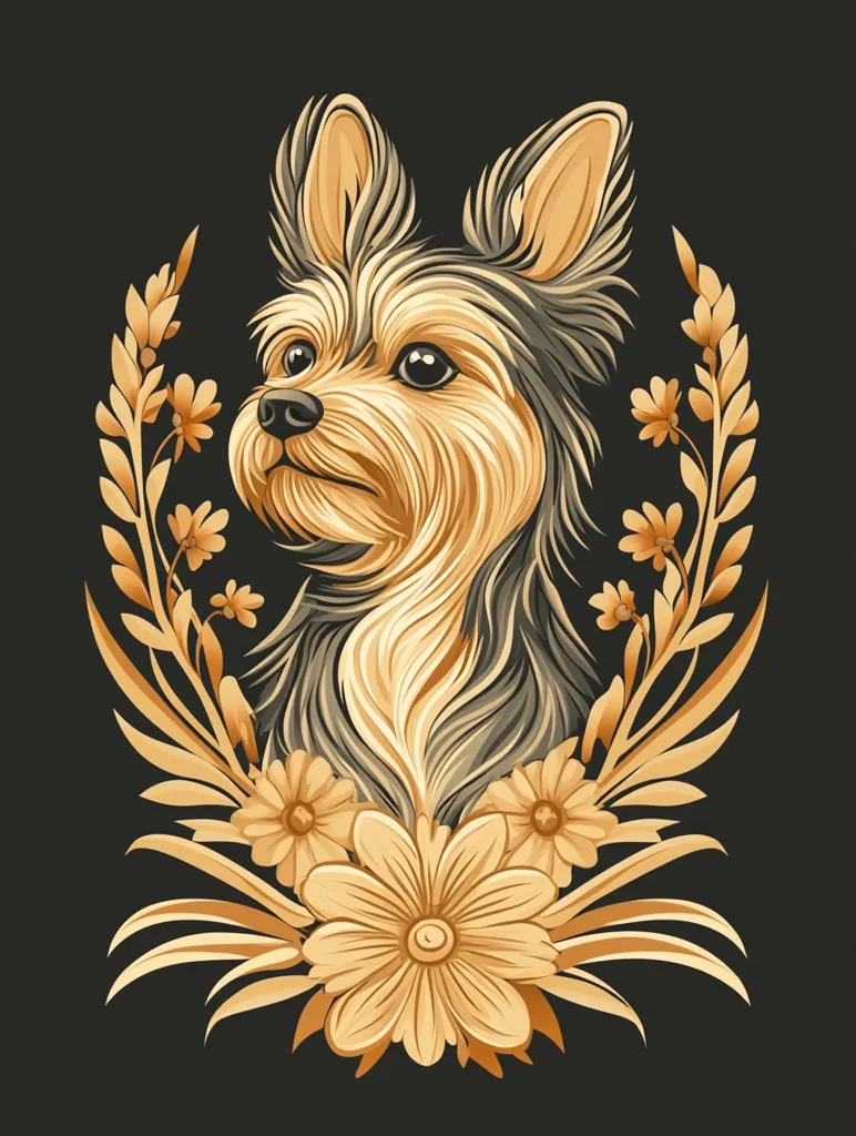 A Yorkshire Terrier dog is the central focus of the image. It has a sweet expression and its fur is brown and black. It is surrounded by a decorative frame made of stylized flowers and leaves, all in shades of yellow and brown against a dark background. The image evokes a sense of elegance and warmth.