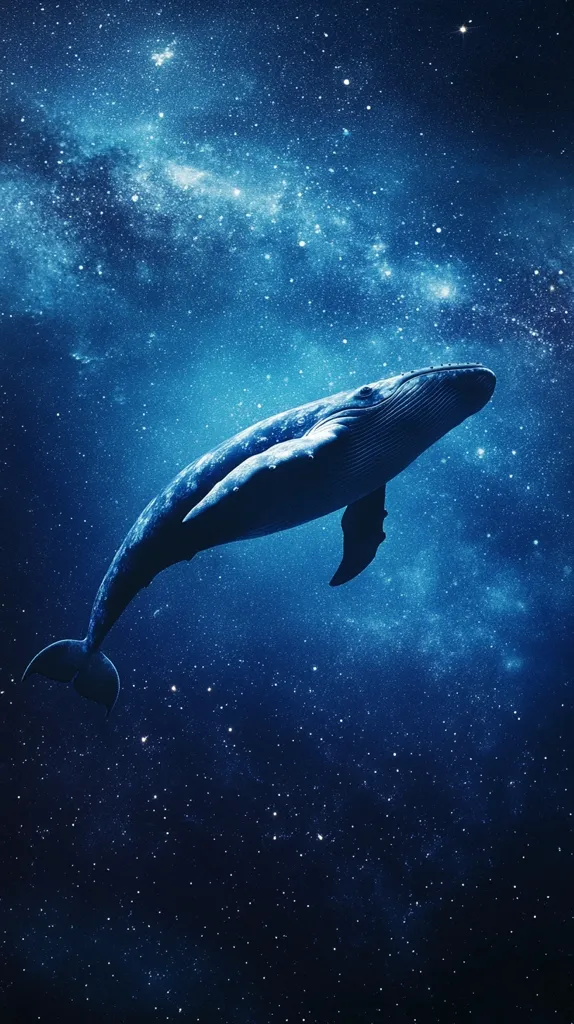 The image shows a whale swimming in the vast expanse of the night sky. Countless stars twinkle and shimmer across the blue background, resembling a cosmic ocean. The whale's silhouette is silhouetted against the starlight, creating a mesmerizing and surreal scene.