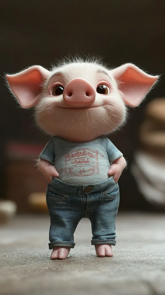 A cute, cartoon piglet stands on a wooden floor. The piglet has large, round eyes and a pink snout. It's wearing a blue shirt with a red logo and denim jeans. The piglet is looking at the camera with a friendly expression, its pink hooves are visible. The background is out of focus, but a blurred brown object can be seen.