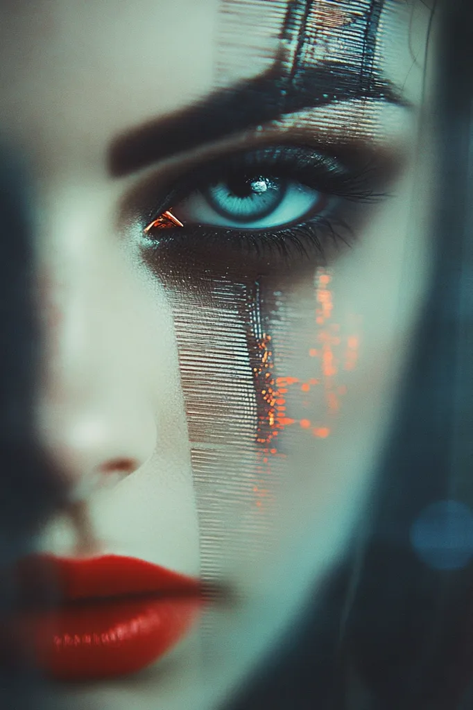 A woman's face is partially obscured by a grid pattern, with only her eye and lips visible. The eye is large and bright blue, with heavy black eyeliner. The lips are painted a bright red. The grid pattern has an orange glow, creating a futuristic and ethereal effect. The image has a dark and mysterious tone.