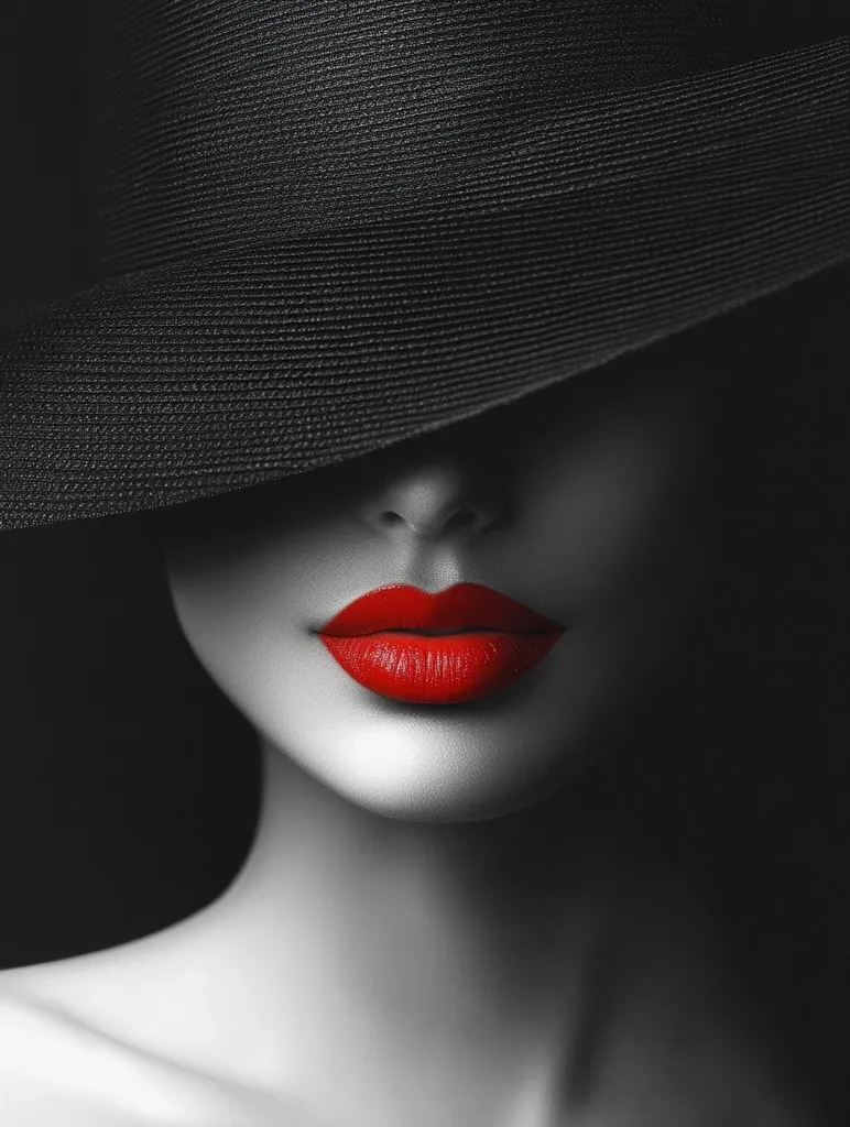 The image is a black and white portrait of a woman wearing a wide-brimmed hat. The hat casts a shadow over her face, leaving only her bright red lips visible. The contrast between the black and white of the image and the bold red of her lips creates a striking and alluring effect. The focus on the lips suggests sensuality and mystery.