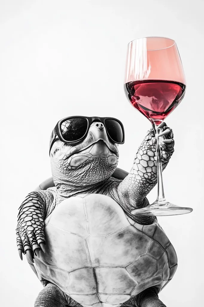 A turtle wearing sunglasses holds a glass of red wine in its right flipper.  The turtle's shell and limbs are in black and white, but the wine in the glass is in color.  The turtle looks at the camera with a mischievous expression, as if it has just enjoyed a sip of the wine. The background is a simple white, giving the turtle the appearance of a sophisticated gentleman.