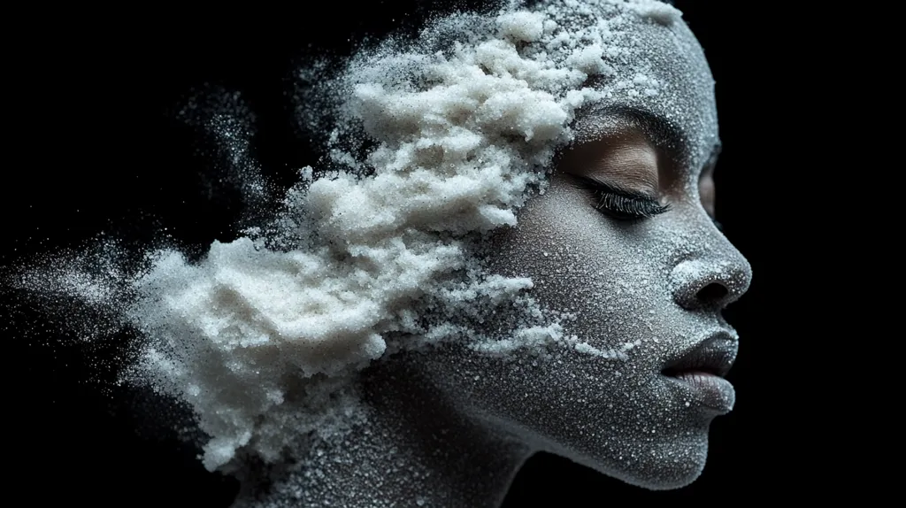 The image features a close-up of a woman's face, her skin covered in a white powdery substance that resembles snow or frost. The contrast between the white powder and the dark background creates a dramatic and ethereal effect. The woman's eyes are closed, her lips slightly parted, as if she is lost in thought or contemplation. The overall effect is one of beauty, mystery, and fragility.