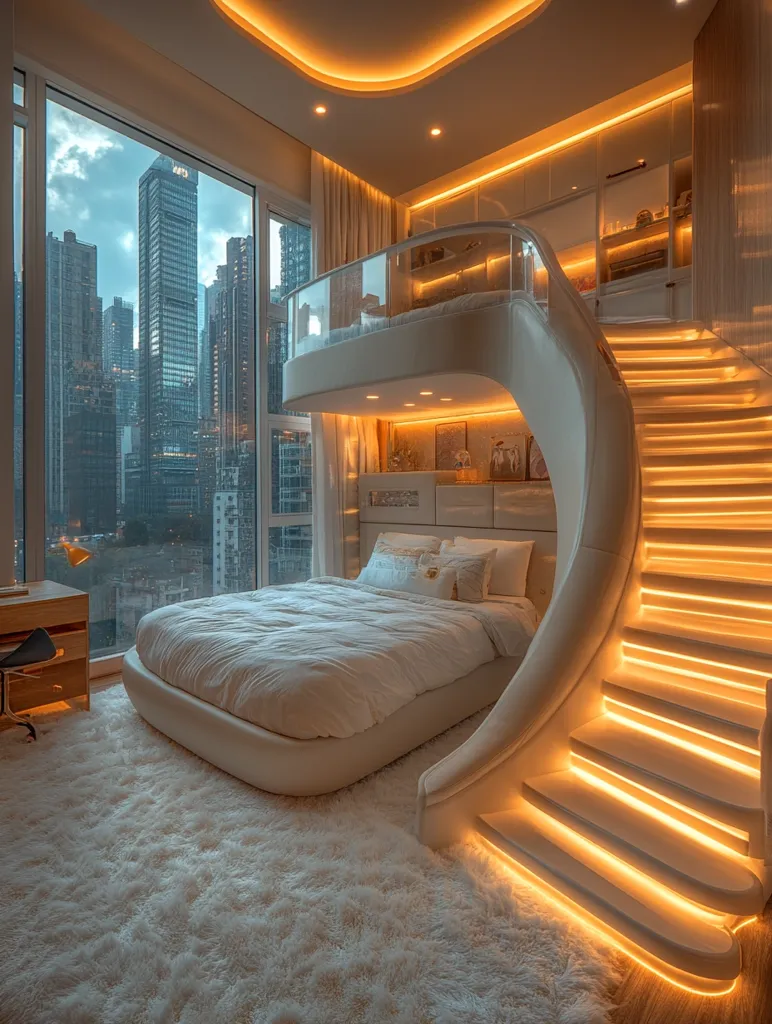 A modern bedroom with a sleek white bed and a unique curved staircase. Warm LED lights illuminate the space, creating a cozy and inviting atmosphere.  The large window offers stunning cityscape views. The room is designed with a focus on minimalist aesthetics and functionality.