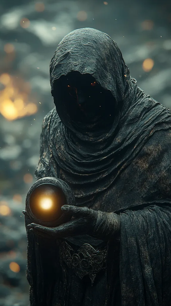 A cloaked figure with glowing red eyes stands in a dark, almost ethereal setting, holding a glowing orb in their hand. The figure's face is obscured by the shadows of their hood, adding to the mystery and intrigue. The image evokes a sense of power and foreboding, with the glowing orb suggesting a source of energy or magic. The dark background features a blurry landscape with faint lights, perhaps hinting at a vast and unknown world. The figure's presence suggests a sense of otherworldly power and an unknown purpose.