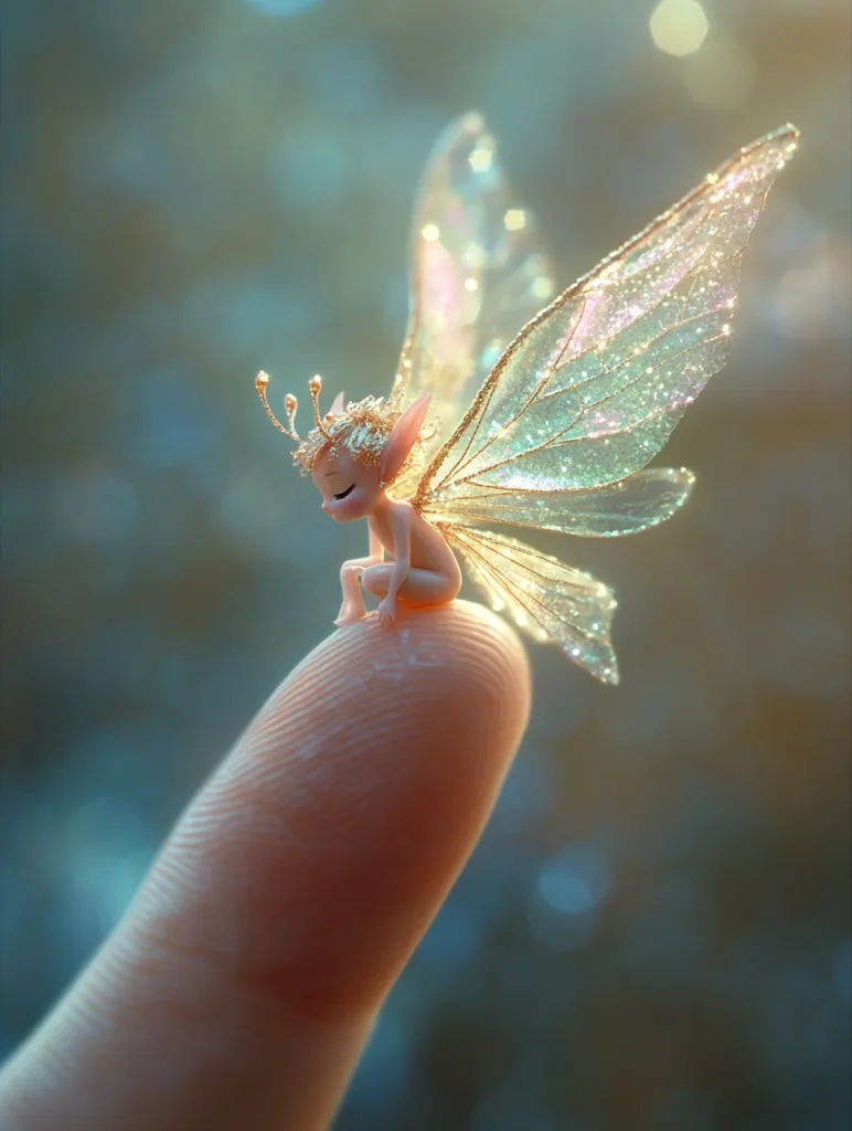 A tiny, delicate fairy with iridescent wings sits on a human finger. The fairy has a small, delicate body, with large, translucent wings that shimmer with gold and green.  It is a whimsical image that evokes a sense of magic and wonder. The background is blurred, focusing attention on the fairy.  The overall image is soft and ethereal, like a dream.
