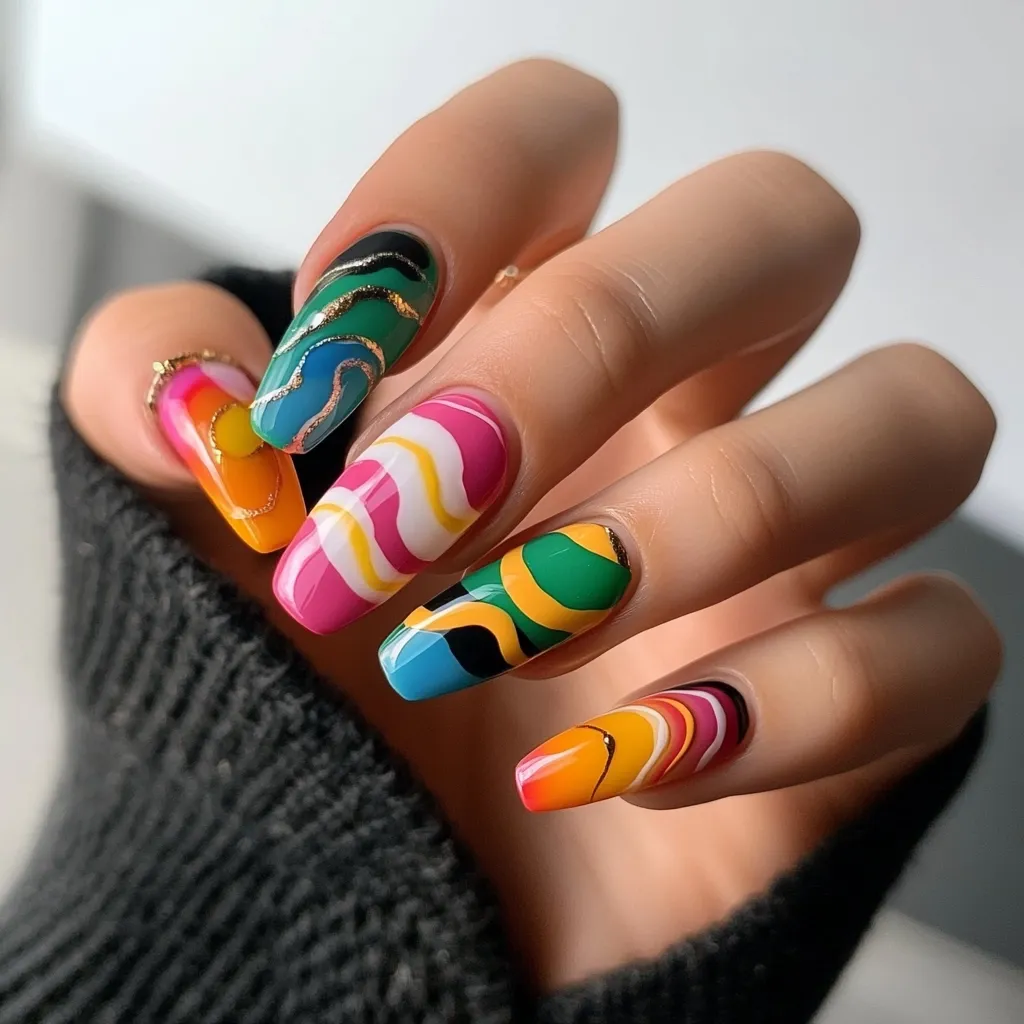 A hand with long, almond-shaped nails, painted with a psychedelic swirl design. The nails feature vibrant colors like pink, yellow, blue, green, and orange, creating a playful and bold statement. Each nail has a different swirl pattern, showcasing a mix of straight and wavy lines. The gold accents add a touch of elegance, making the design both eye-catching and stylish.