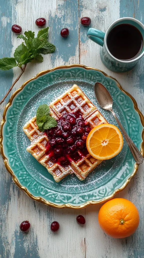 A blue and gold rimmed plate holds a waffle with a cranberry sauce and a slice of orange. The waffle is dusted with powdered sugar. A sprig of mint sits on the plate. An orange and other cranberries are scattered around the plate, along with a cup of coffee and a spoon. The background is a light blue wooden table.