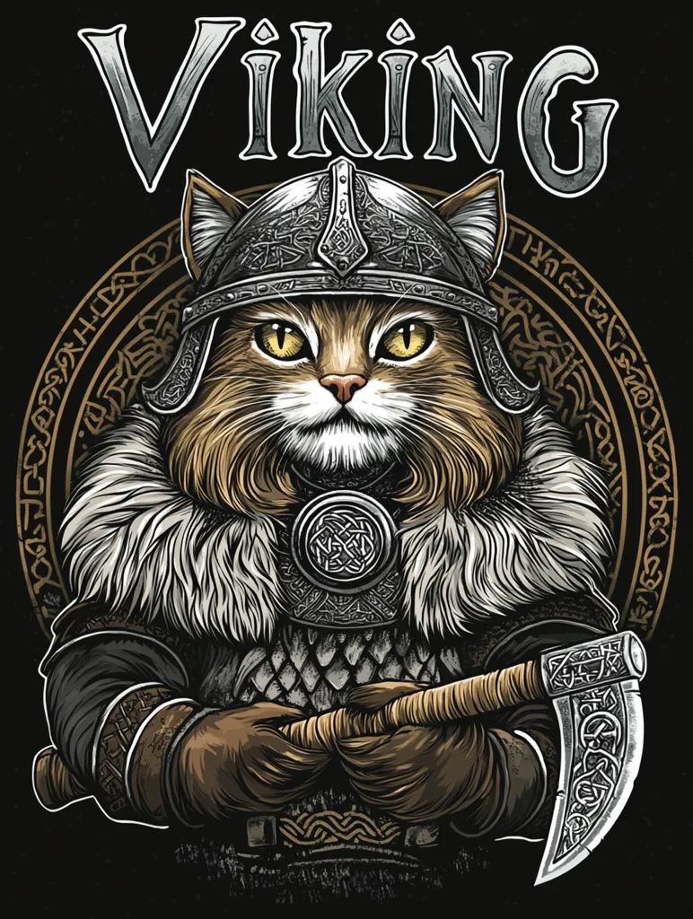 A fierce-looking cat is depicted as a Viking warrior. It wears a horned helmet, chainmail armor, and a fur-lined cloak. The cat holds a large axe in its paws, and its eyes are narrowed in a fierce glare. The background features a circular design with runes and knotwork, adding to the Viking theme. The word "Viking" is written in bold letters above the cat.  The image is a humorous and stylized representation of a Viking warrior.
