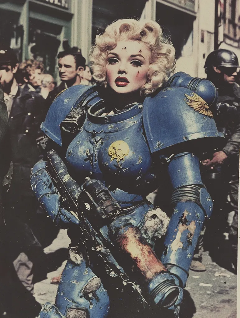 A woman with blonde pin curls and a striking face is dressed in blue and black battle armor and holds a large gun. She stands in a crowd of people dressed in civilian clothes. The woman is wearing a helmet that has been removed, revealing her face. The scene appears to be set in a city street. The photo has a vintage look, with a faded and grainy aesthetic.