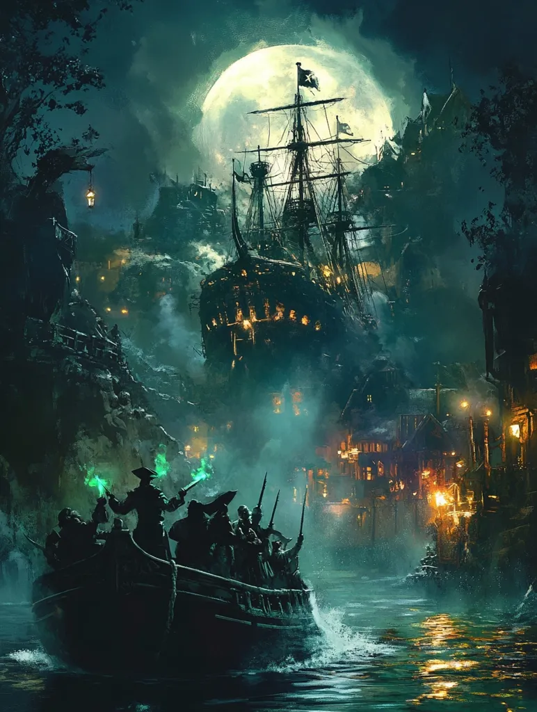 A large pirate ship with a skull and crossbones flag sails under a full moon, casting a long shadow on the water. A smaller boat carrying pirates with green glowing weapons is in the foreground, heading toward the ship. Buildings line the banks, casting warm light into the dark water. The scene evokes a sense of mystery and adventure.