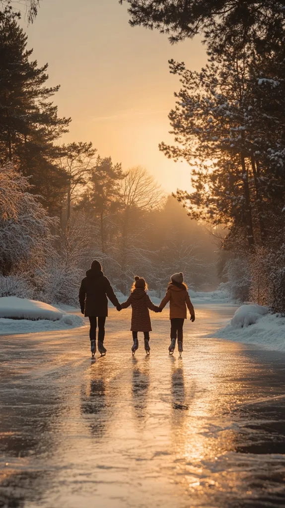 Three people, two children and an adult, are ice skating on a frozen lake. They are silhouetted against a golden sunset with trees on either side of the lake. The scene is peaceful and serene, with the soft glow of the setting sun reflecting on the ice.  The image captures the joy and beauty of winter.