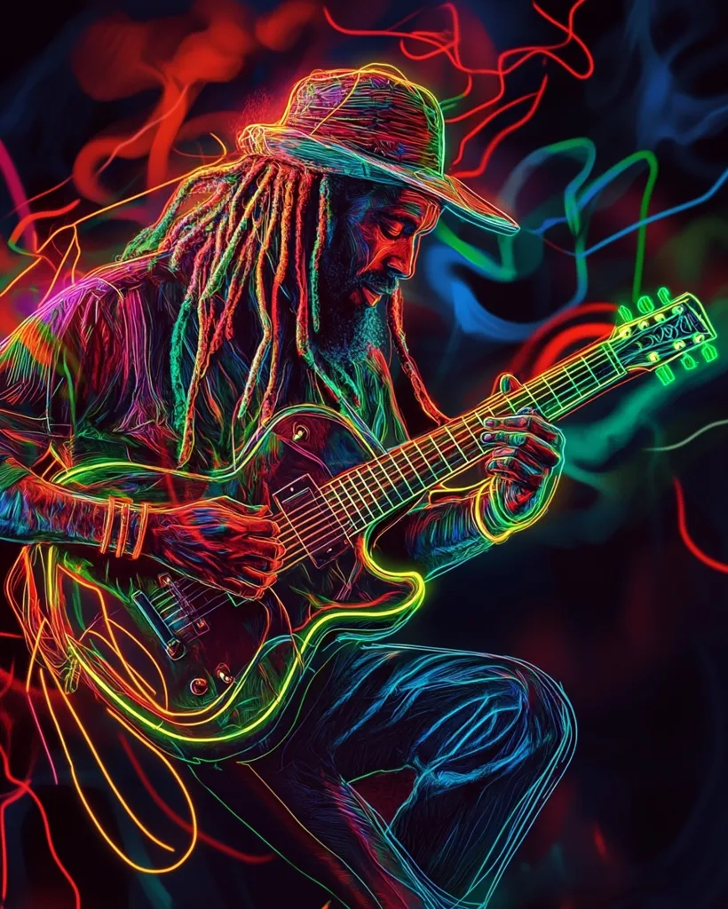 A man with dreadlocks and a hat plays an electric guitar, his body and the instrument outlined in neon colors against a dark background. The artist's work is highly stylized, using a vibrant palette of reds, greens, and blues, reminiscent of a concert's light show.  A sense of energy and movement radiates from the image.