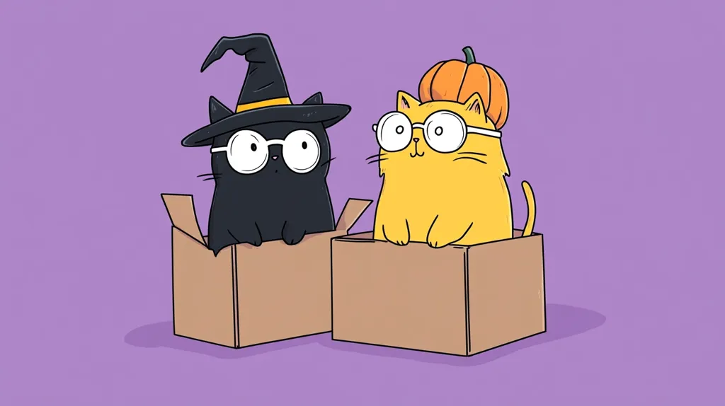 Two cats, one black and one orange, are sitting in boxes. The black cat is wearing a witch hat and glasses, and the orange cat is wearing a pumpkin hat and glasses. They are both looking at the viewer. The background is a light purple.  The image has a playful and humorous feel.