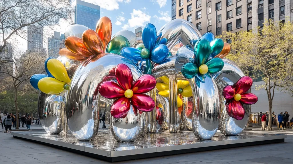 A large, silver sculpture of a flower garden made of inflated balloons stands in front of a modern building. The flowers are colorful and vibrant, creating a playful and whimsical contrast to the sleek and minimalist architecture. The sculpture is surrounded by trees and a paved area, suggesting an urban park setting. The overall effect is one of joy and celebration, bringing a touch of whimsy to the urban landscape.