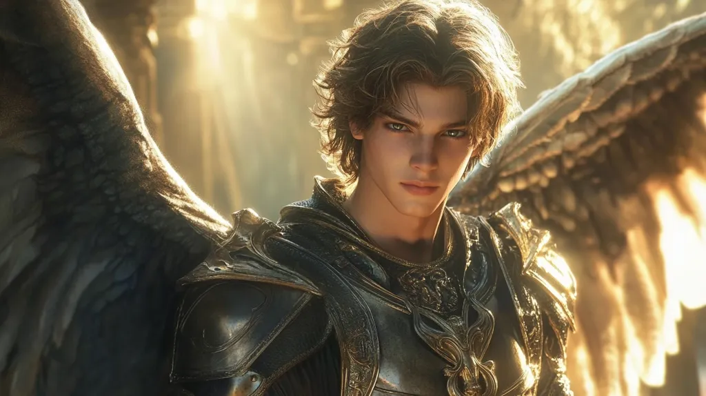 A young man with long brown hair and piercing blue eyes stares intensely at the viewer. He is dressed in ornate armor and has large, feathery angel wings behind him.  Golden light shines from behind him, casting a warm glow on his face. He has an air of strength and determination,  giving him an otherworldly and ethereal presence.