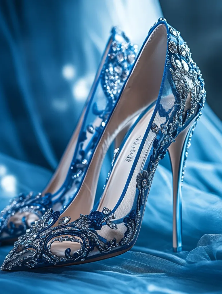 The image shows a pair of blue high-heeled shoes, adorned with intricate floral designs and sparkling embellishments. The shoes are made of a delicate mesh fabric, allowing the foot to be visible. The heels are tall and slender, creating an elegant and feminine silhouette. The shoes are resting on a soft blue fabric, adding to their luxurious appeal. The image highlights the beauty and detail of the shoes, making them a captivating centerpiece.