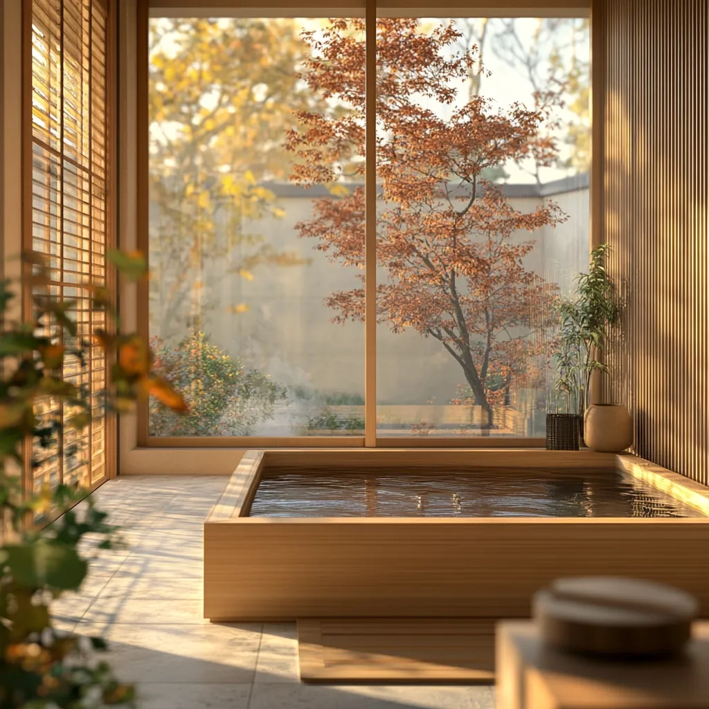 A wooden bathtub sits in a modern bathroom, bathed in the warm glow of the setting sun. The large window offers a view of a Japanese garden, with a vibrant red maple tree taking center stage. The scene exudes tranquility and relaxation, inviting viewers to imagine soaking in the tub and enjoying the serene surroundings.