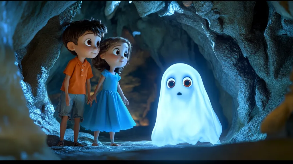 Two children, a boy in an orange shirt and a girl in a blue dress, stand in a dark cave looking at a glowing, ghost-like figure. The ghost appears to be a friendly, white, semi-transparent creature with large, dark eyes. The children are looking at it with curiosity and a hint of wonder. The background is filled with rough, textured cave walls.