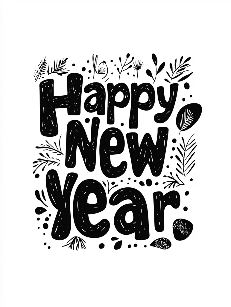 The image is a black and white illustration of the phrase "Happy New Year" written in a bold, playful font. The text is surrounded by a variety of simple, hand-drawn floral and geometric shapes, creating a festive and celebratory feel. The image is likely meant to be used as a greeting card or a social media post for the new year.